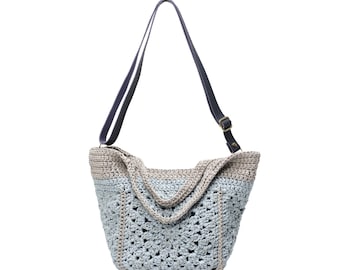 Ice Blue Crochet Granny Square Shoulder Bag, Pastel Boho Hobo Purse