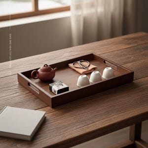 May include: A wooden tea tray with a rectangular shape and built-in handles. The tray holds a small brown teapot, three white teacups, a small box, a pair of scissors, and a folded cloth. The tray is on a wooden table.