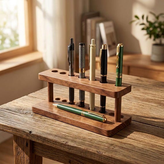 Handcrafted Black Walnut Cherry Pen Holder – 10-Hole Wood Desk Organizer (20cm x 8cm)