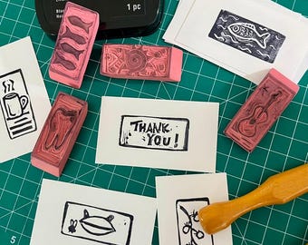 Hand Carved Eraser Print: Tooth, Fish, Frog, etc. Design on Card (3.5x2 inches)