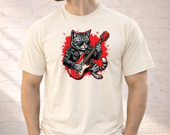 Rock Cat Guitar Shirt, Cool Cat Music T-Shirt, Guitar Player Gift, Rocker Cat Tee, Funny Musician Shirt, Cat Lover Graphic Tee