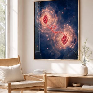 Kosmiska hjärtan röd tråd konsttryck, själsfrände öde poster (digital nedladdning)