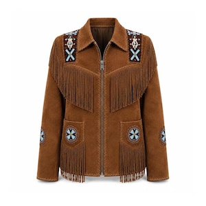 May include: A brown suede jacket featuring a full-length front zipper, long fringe detailing across the chest and lower pockets, and decorative circular embroidery in shades of light blue, white, and black on the shoulders and pockets.