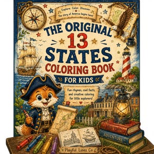 May include: A colorful coloring book titled "The Original 13 States Coloring Book for Kids." The cover features a cartoon fox in a colonial outfit, a map, a lighthouse, a sailing ship, and the text "Explore. Color. Discover."