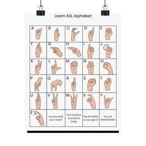 May include: A white educational poster titled Learn ASL Alphabet featuring a grid of twenty-six illustrations of hands performing American Sign Language letters from A to Z, with additional text prompts at the bottom for practice and encouragement.