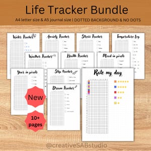 May include: A Life Tracker Bundle featuring ten printable pages with grids and checkboxes for tracking water, anxiety, stress, temperature, weather, health, mood, years, steps, dreams, and daily ratings. The pages include black text and grids.
