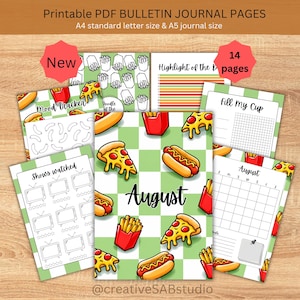 May include: A collection of 14 printable bulletin journal pages featuring a green and white checkered background with illustrations of pizza slices, hot dogs, and french fries. The pages include headers like August, Mood Tracker, Shows Watched, and Fill My Cup, designed for A4 and A5 sizes.