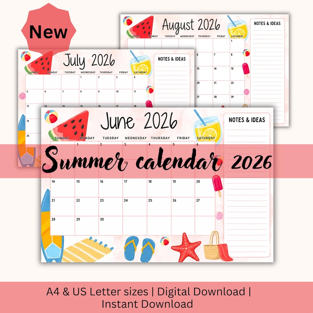 Summer 2026 Kids Wall Calendar Printable Digital Download Easy Cute ...