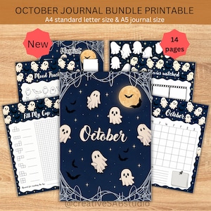 Op de afbeelding: Een printbare journal-bundel voor oktober met 14 pagina's in een Halloween-thema, voorzien van geesten, vleermuizen en spinnenwebben. Tekst: OCTOBER JOURNAL BUNDLE PRINTABLE, A4 standard letter size & A5 journal size.