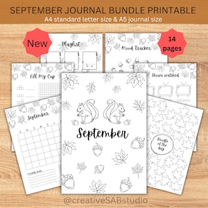 Könnte beinhalten: Ein 14-seitiges September-Journal-Bundle zum Ausdrucken in A4 und A5 mit schwarz-weißen Strichzeichnungen von Eichhörnchen, Eicheln und Ahornblättern. Enthält Kalender, Stimmungstracker, Playlist und Platz für Zeichnungen.