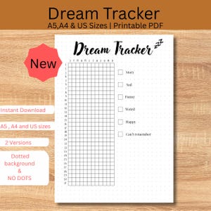 Puede incluir: Una hoja de seguimiento de sueños imprimible en blanco con fondo de puntos, que presenta una cuadrícula para meses y días, y casillas de verificación para categorías de sueños como Story, Sad, Funny, Weird, Happy y Can't remember, titulada Dream Tracker.