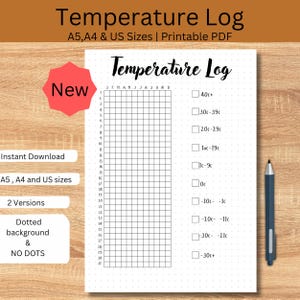 Könnte beinhalten: Ein druckbares Temperatur-Logbuch-Dokument mit einem Raster zur Verfolgung täglicher Temperaturen über Monate hinweg, mit Kontrollkästchen für Temperaturbereiche von -30c+ bis 40c+. Die Seite enthält einen gepunkteten Hintergrund, den Titel und einen Stift.