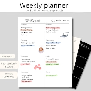 May include: A printable weekly planner with a white background, featuring a detailed schedule layout. The planner includes sections for each day of the week, with space for notes and tasks. The text "Weekly planner" is at the top.