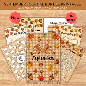 Puede incluir: Un conjunto de páginas imprimibles para diario de septiembre con 14 hojas de temática otoñal. Las páginas incluyen un rastreador de estado de ánimo, espacio para dibujos y secciones decoradas con ilustraciones de ardillas y hojas.