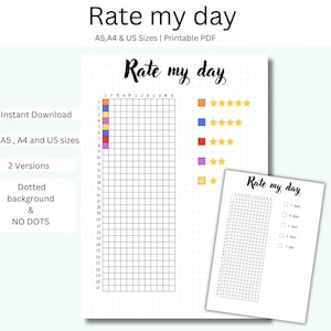 May include: A printable PDF planner with the text "Rate my day" in a handwritten font. The planner includes a grid for daily ratings, color-coded star ratings, and a smaller version. The design is available in A5, A4, and US sizes.