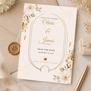 Puede incluir: Una tarjeta rectangular de save the date con un marco ovalado dorado, ilustraciones florales en blanco y beige, y el texto: WE'RE GETTING MARRIED, Olivia & James, SAVE THE DATE, SEPTEMBER 18, 2027, y FORMAL INVITATION TO FOLLOW.