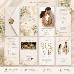 Puede incluir: Un conjunto de plantillas digitales para invitaciones de boda con tarjetas color crema, texto dorado, detalles florales y fotos de una pareja. Incluye secciones para invitación, cronograma, detalles, confirmación de asistencia y agradecimientos.