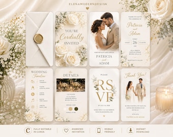 Modelo de convite de casamento animado, convite de casamento em vídeo com rosa branca, convite de casamento editável no Canva, convite digital para celular, detalhes de confirmação de presença.