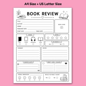 May include: A black and white printable book review template featuring the text A4 Size + US Letter Size at the top. The form includes sections for title, author, genre, dates, book cover, format, rating, summary, review, quotes, and overall impression.