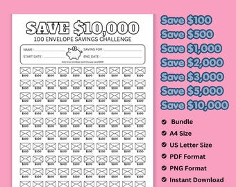 Sparutmaningspaket med 100 kuvert, utskrivbar sparrapport, finansplanerare för kontantfyllning, avsättningsfonder PDF A4 US Letter