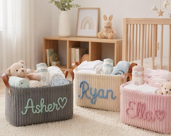 Personalized Baby Name Basket, Corduroy Nursery Organizer with Leather Handles, Baby Shower Gift for New Moms