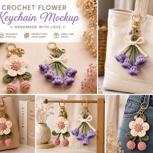 May include: Crochet flower keychains featuring a five-petal cream flower with a pink center and two pink spheres, or a cluster of four purple bell-shaped flowers with green stems, both attached to gold-tone metal rings with small beads and leaf charms.