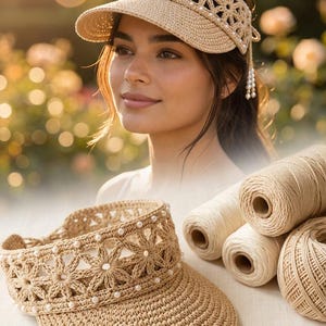 May include: A beige crocheted visor featuring a floral pattern with small white beads embedded in the center of each flower. The text SUMMER FLORAL VISOR is displayed at the top. Several spools of beige yarn are positioned next to the visor.