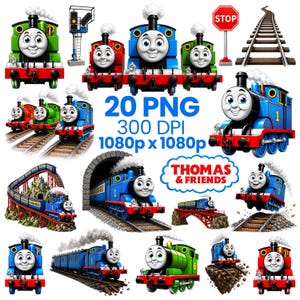 May include: A collection of 20 PNG images featuring the Thomas & Friends characters. The images include various colorful train engines, train tracks, and a stop sign. The text "20 PNG 300 DPI 1080p x 1080p" is also present.