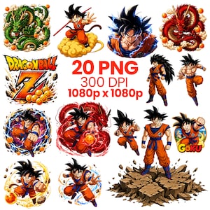 Könnte beinhalten: Eine Sammlung von 20 PNG-Bildern mit Charakteren und Logos aus der Anime-Serie Dragon Ball Z. Die Bilder zeigen verschiedene Darstellungen von Goku, Drachen und dem Dragon Ball Z-Logo, alle in leuchtenden Farben.