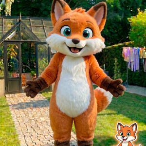Puede incluir: Un disfraz de mascota de zorro naranja con pecho y vientre blancos, patas marrones y una cola esponjosa. El zorro tiene ojos grandes y amigables y una expresi&oacute;n sonriente. El fondo incluye un jard&iacute;n y un invernadero.