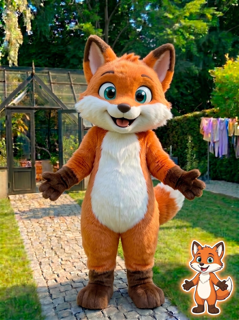 Puede incluir: Un disfraz de mascota de zorro naranja con pecho y vientre blancos, patas marrones y una cola esponjosa. El zorro tiene ojos grandes y amigables y una expresi&oacute;n sonriente. El fondo incluye un jard&iacute;n y un invernadero.