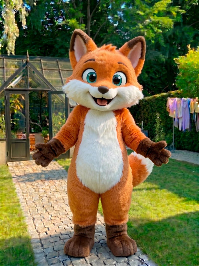 Puede incluir: Un disfraz de zorro de cuerpo completo con pelaje naranja, pecho blanco y detalles marrones. El zorro tiene una expresi&oacute;n amigable con grandes ojos azules y una boca sonriente. El disfraz incluye una cola, patas y una cabeza con orejas.