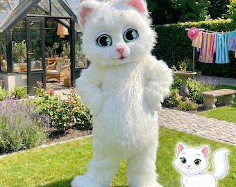 White Cat Mascot Costume, Cute Kitty Cosuit for Adults, Fluffy Animal Fursuit, Character Birthday Party Outfit, Full Body Cosplay Suit