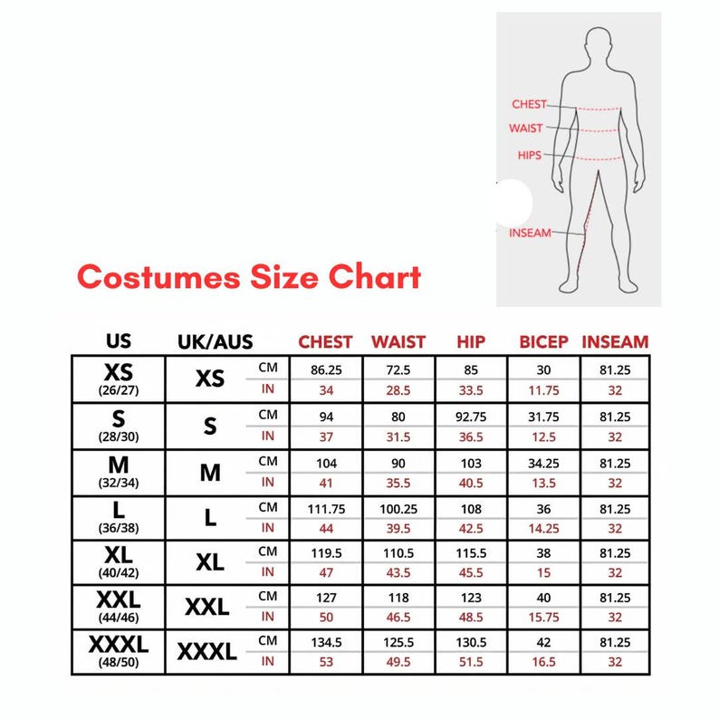 Puede incluir: Tabla de tallas de disfraces con medidas en cent&iacute;metros y pulgadas. Las tallas van de XS a XXXL, detallando medidas de pecho, cintura, cadera, b&iacute;ceps y entrepierna. El texto "Costumes Size Chart" est&aacute; en la parte superior.