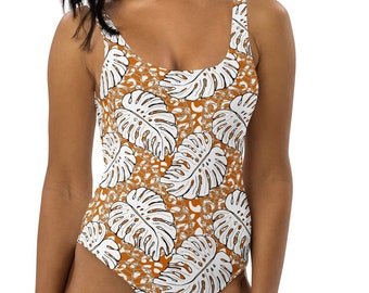 Cheetah Jungle Swimsuit, Jungle Theme Swimsuit, Cheetah Print Swimsuit, Tropical Block Print, Original Jungle Art, Orang and White Swimsuit