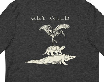 Get Wild T Shirt, Swamp Critter Shirt, Gator Shirt, Unisex Swamp Shirt, Heather Gray Alligator T Shirt, Stork Shirt, Eco Shirt, Swamp Shirt