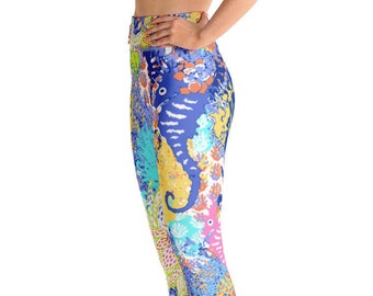 Yoga Leggings Ocean Reef Orange - Coral Branch Print - Blowfish Print - Undersea Print - Printed Yoga Leggings - Seahorse Print