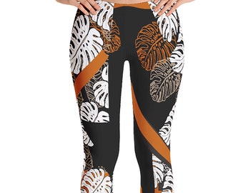 Tropische Print Leggings - Schwarze Dschungel Print Leggings - Monstera Leaf - Abstrakte Leggings - Patchwork Leggings - Tropische Patchwork Leggings