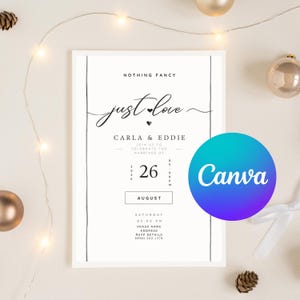 May include: A white wedding invitation card with black text reading Nothing Fancy, just love, Carla & Eddie, join us to celebrate the marriage of, 26 August 2024, 5:00 PM, Saturday, venue name, address, RSVP details, and HPMI 202-1378, framed by thin black lines.