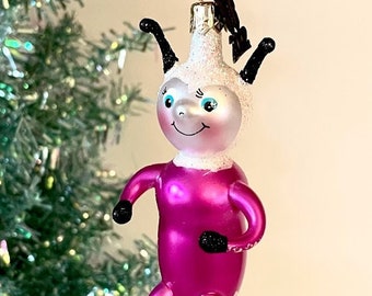 Vintage Italian figural blown glass ornament - pink firefly bug, De Carlini style, Neiman Marcus 2002 collection hot pink glitter small