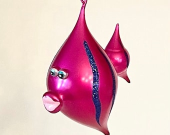 Vintage Italian figural blown glass ornament - pink fish, De Carlini style, Neiman Marcus 2002 collection hot pink purple glitter small