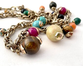 Vintage Sequin Jewelry statement necklace or bracelet with colorful mixed stone baubles, rhinestone embellished metal caps, textured chain