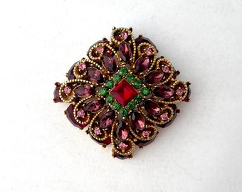 Vintage square or diagonal brooch signed by Capri with colorful rhinestones and gold toned swirls, rich jewel tones and beautiful sparkle