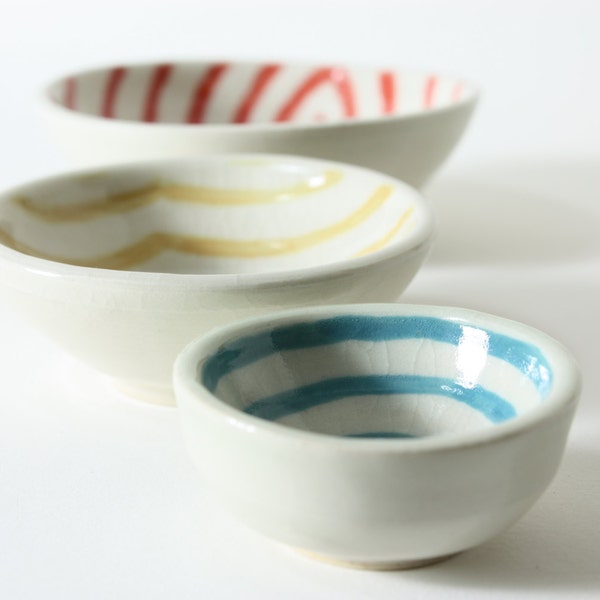 modern trio of small porcelain bowls with fun graphic glazes SET OF 3 coral, tangerine, turquoise