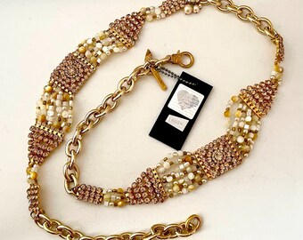 Vintage Rodrigo OTAZU gold tone rhinestone and pearlescent bead and chain extra long 43" necklace, never worn with original sale tag