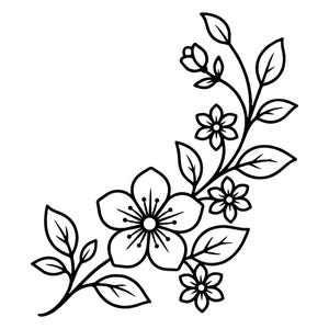 May include: A black and white line art illustration of a floral branch. The design features one large five-petalled flower at the base, three smaller five-petalled flowers, and several pointed leaves arranged along a curved, slender stem.