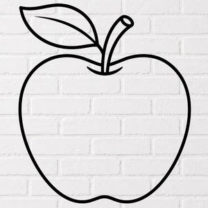 May include: A simple black line drawing of an apple with a single leaf attached to the stem. The illustration features a clean, bold outline of the fruit's rounded shape, centered against a plain white background with a subtle brick texture.