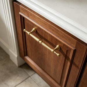 Op de afbeelding: Een donkerbruine houten kastdeur met een verzonken paneelontwerp en een horizontale messing handgreep. De handgreep heeft een cilindrisch middenstuk met bolvormige accenten aan de uiteinden en bevestigingspunten, wat een metalen contrast geeft.
