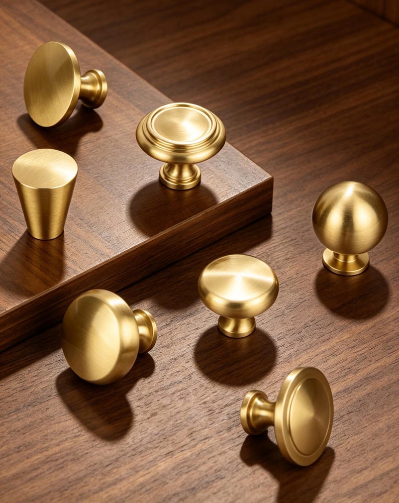 May include: A collection of seven brass cabinet knobs in various shapes, including spherical, conical, and flat-topped designs. Each knob features a smooth, brushed metallic finish with a warm gold tone, displayed in a scattered arrangement.