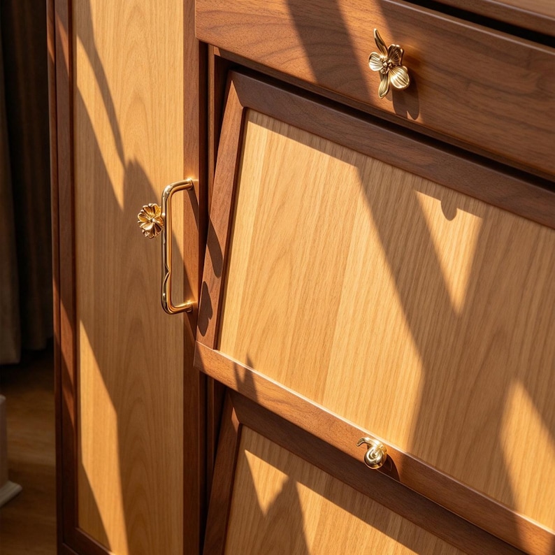 May include: A wooden cabinet featuring light-toned wood panels framed by darker wood trim. The cabinet includes gold-colored metal hardware, specifically a vertical handle with a floral accent, a small flower-shaped knob, and a rounded pull.